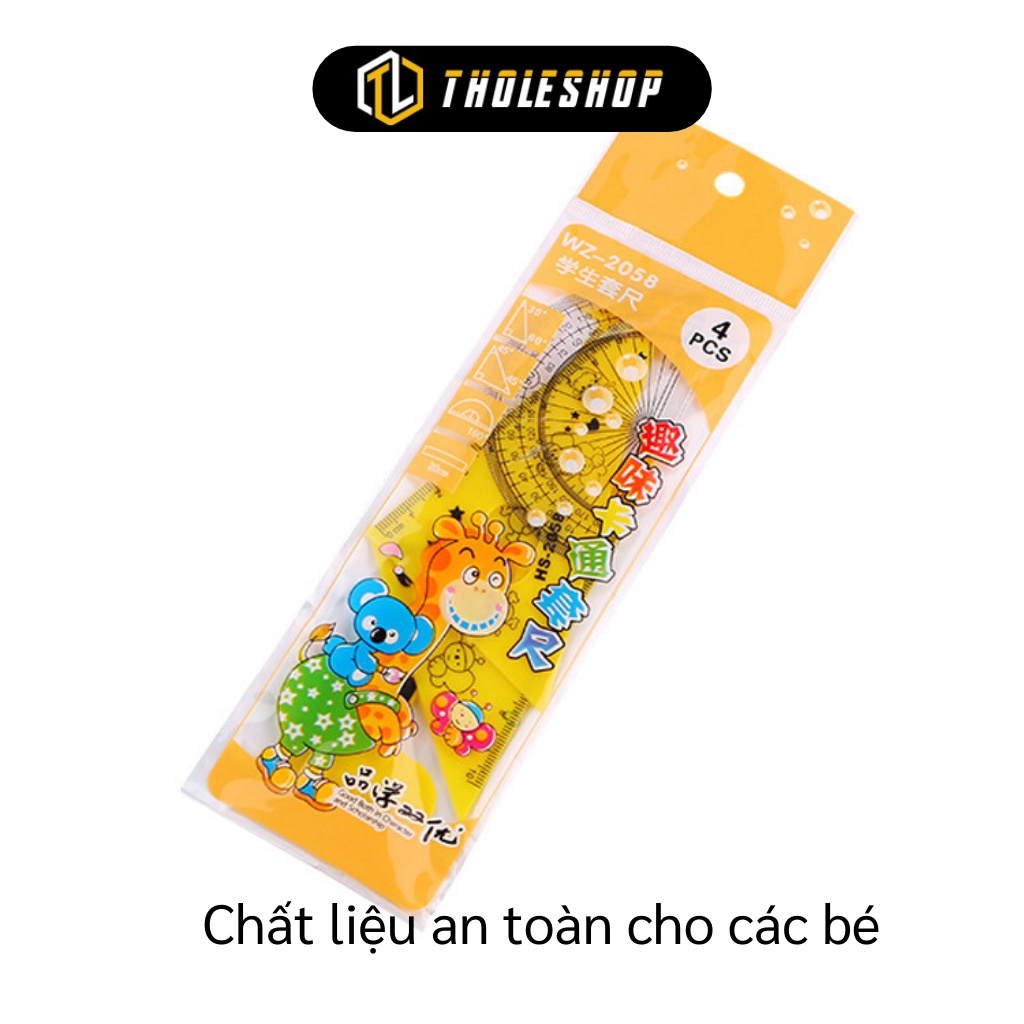 Thước Kẻ - Bộ 4 Cây Thước Thẳng 15cm, Eke 45 Độ, Eke 60 Độ, Đo Góc Cho Bé Học 9110