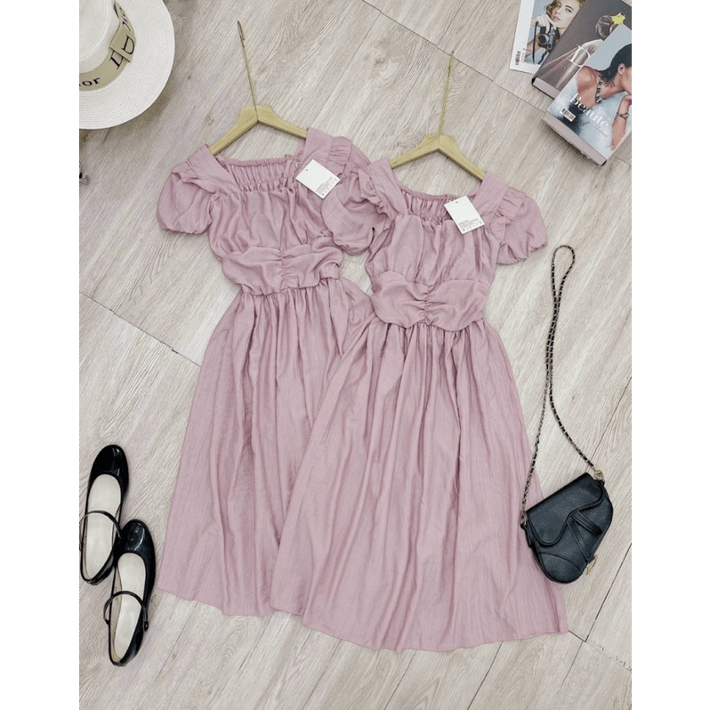 (Free Ship) Váy Tơ Nhăn Tay Bồng Zúm Eo Chất Tơ Xước Nhăn Mềm Được Chị Em Săn Đón UP Valetina Shop