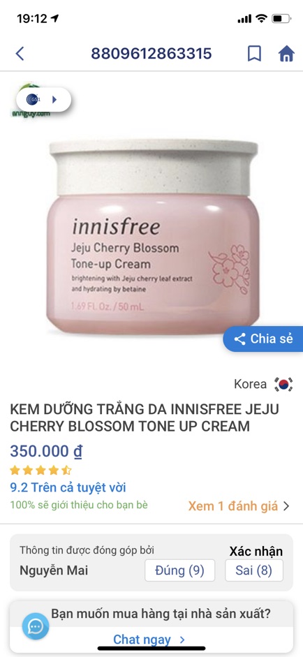 Kem dưỡng Innisfree Jeju Cherry Blossom Tone Up Cream