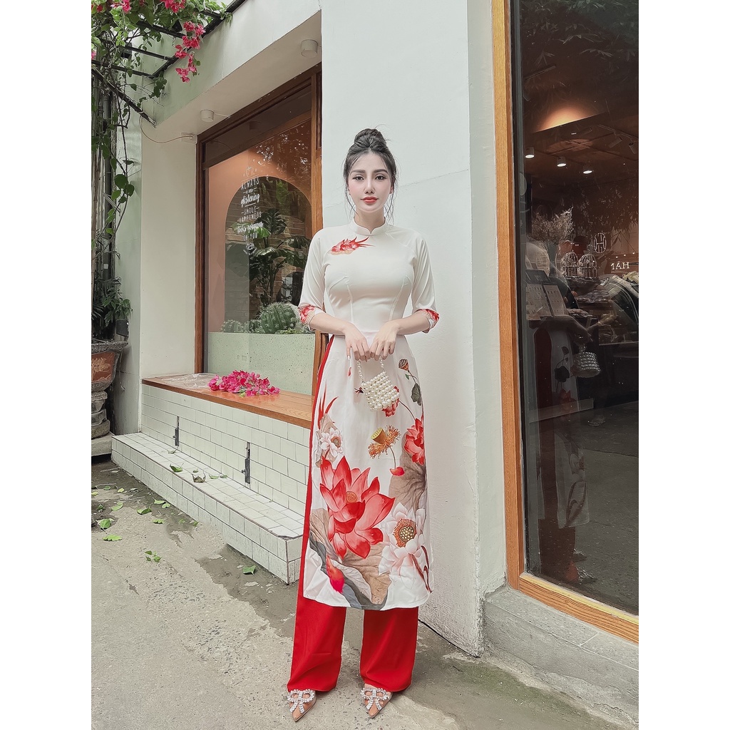 Áo dài cổ trụ trắng in hoa sen đỏ - AD16