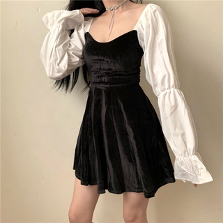 Đầm nữ cổ vuông phối tay phồng thanh lịch thời trang