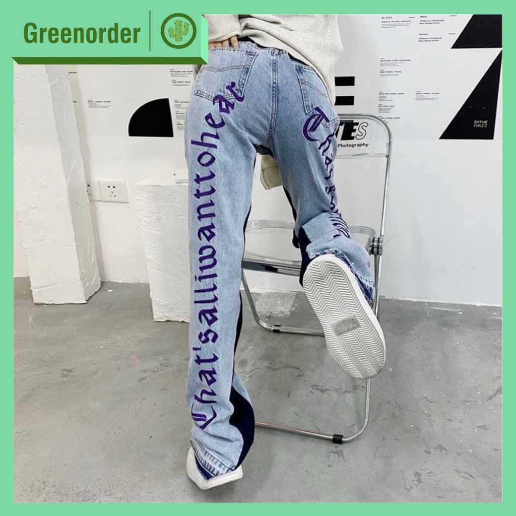 Quần Jeans ống rộng họa tiết chữ kết hợp với kẻ sọc thời trang hiphop