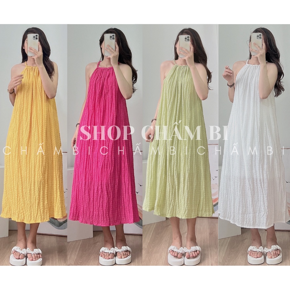 Váy kiểu nữ đi biển V.115, Váy maxi xốp cổ yếm vặn thừng dáng xuông 4 màu ngọt ngào - Thời trang nữ Chấm Bi | BigBuy360 - bigbuy360.vn