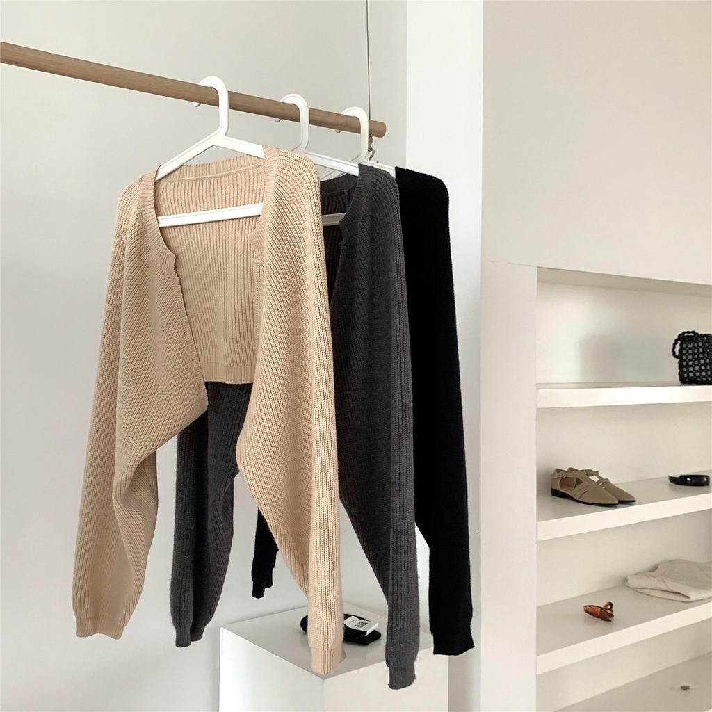 QKOOLE  Áo len và áo khoác cardigan  dáng rộng tay lồng đèn gợi cảm phong cách Hàn Quốc cho nữ