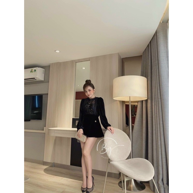 Đầm áo nhung ren chân váy