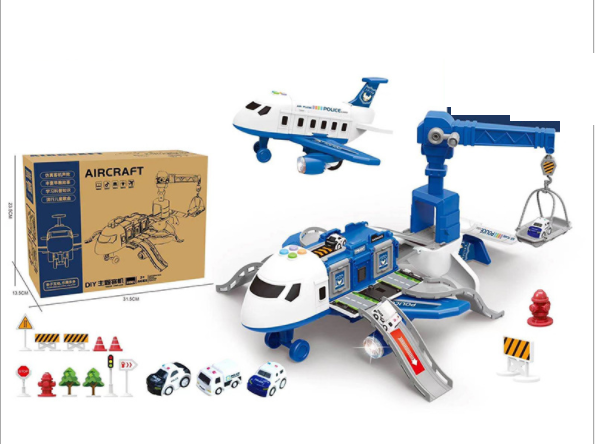 Bộ đồ chơi máy bay chở đồ kèm 3 xe cảnh sát bằng kim loại, có giàn cẩu, thang trượt, biển báo đa chức năng chạy pin