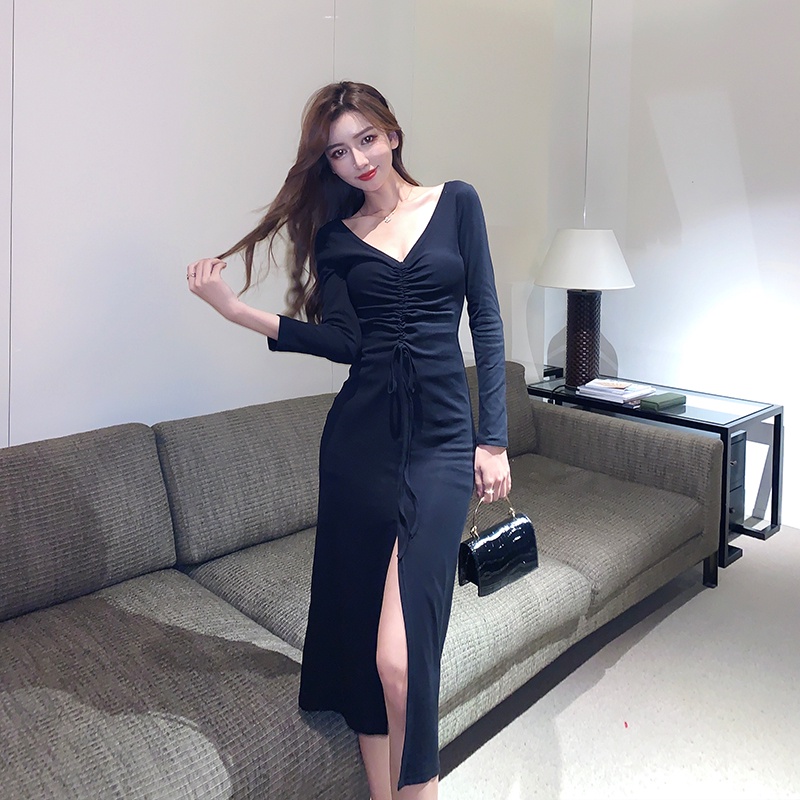 DUNEA Đầm Tay Dài Cổ Chữ V Xẻ Sâu Gợi Cảm Thời Trang Cho Nữ