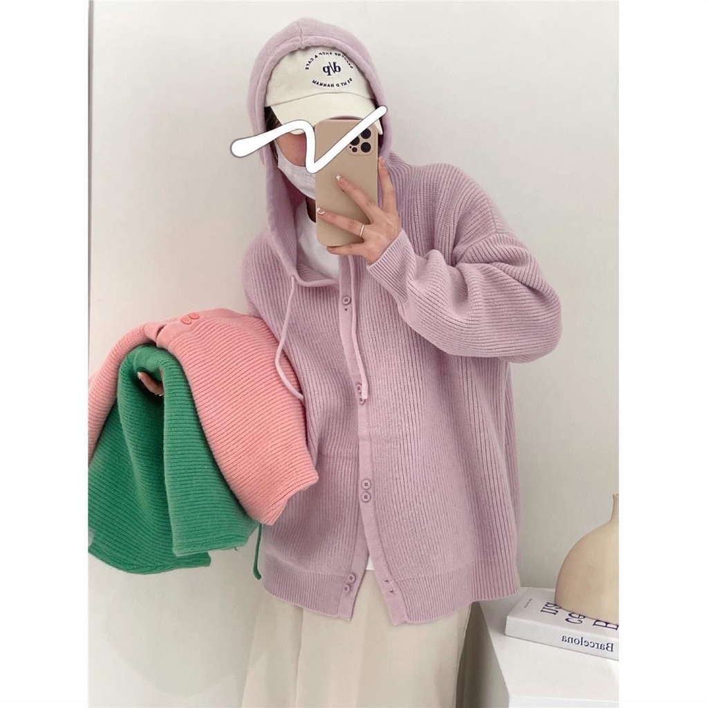 Áo Khoác Len Cardigan Mềm Có Nón Phong Cách Hàn Quốc