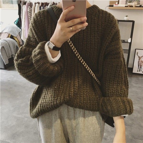 (ORDER) Áo len nữ dợi dày dệt kim cổ tròn form rộng đơn giản style Hàn Quốc - Có ảnh thật