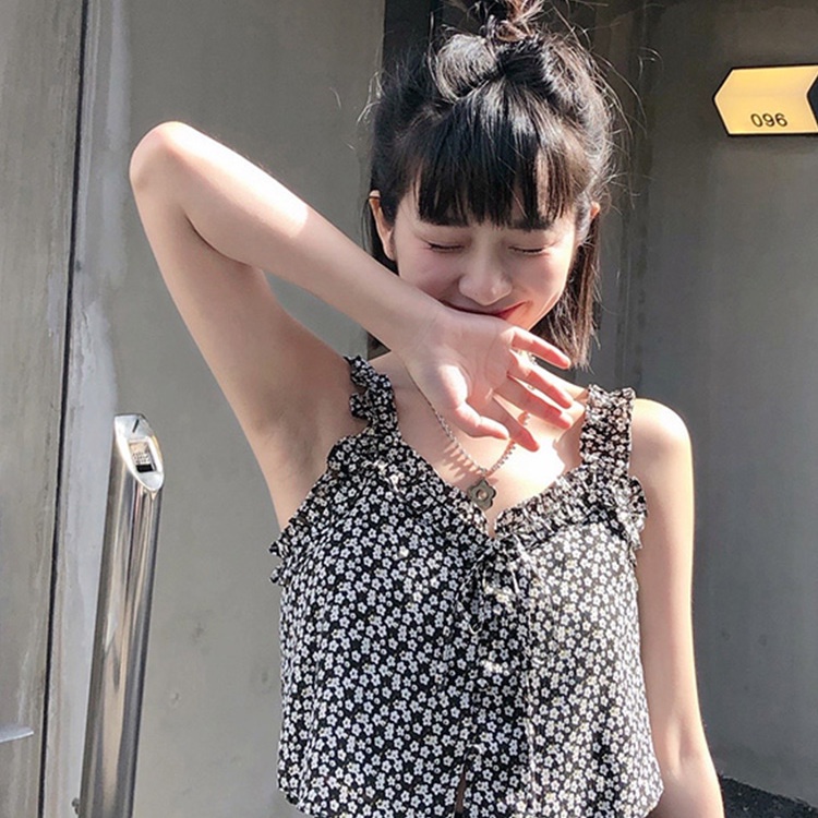 Áo hai dây cổ chữ V in hoa màu trắng đen vải thoáng khí thời trang mùa hè cho nữ