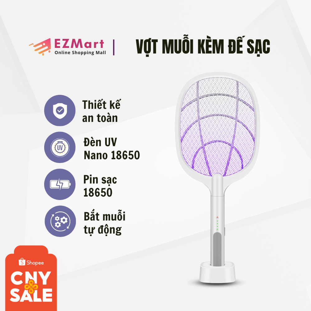 Vợt bắt muỗi thông minh 2 trong 1 kèm đế sạc - Đèn điện đuổi muỗi kiêm đèn ngủ pin sạc có giá đỡ cao cấp, tiện lợi