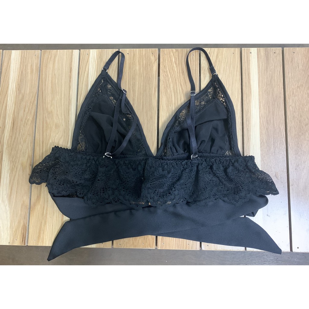 {Bralette hàng thiết kế} Bộ đồ lót ren phối lụa cao cấp Lacy Silk Bebebb – kiểu dáng quyến rũ với dây lụa dài - Màu Đen