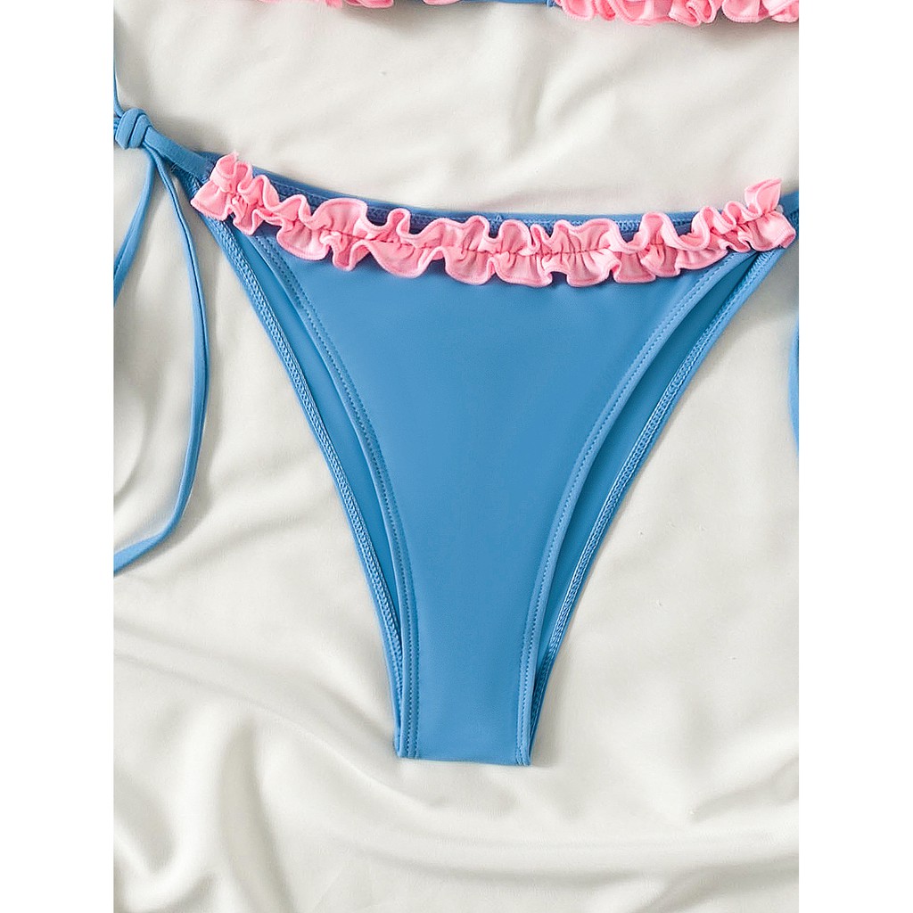[BKN1269] &lt;ÂU&gt; SET BIKINI XANH BLUE VIỀN BÈO HỒNG