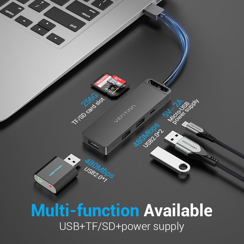 Usb Vention Chia 6 Cổng 3 / Tf / Sd / Pd Otg 5v 2a 480mbps Cho Máy Tính Xách Tay Hub