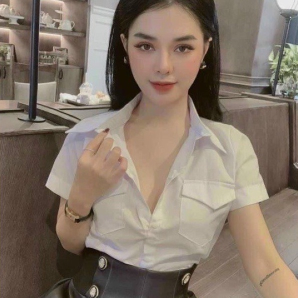 Áo sơ mi trắng cộc tay nữ LOZADO áo sơ mi hiền hồ 2 túi ngực hàng cao cấp túi gu đẹp A210