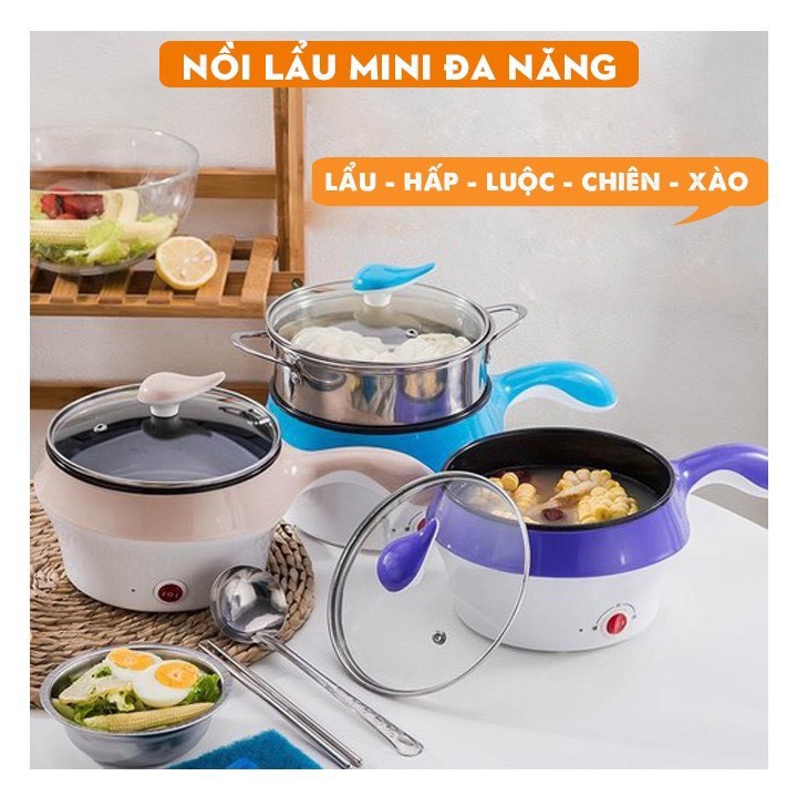 HOTNồi Lẩu Điện Mini Hai Tầng Đa Năng Tặng Kèm Khay Hấp có thể Chiên, Xào, Nấu ăn, nấu cơm, nấu lẩu mini