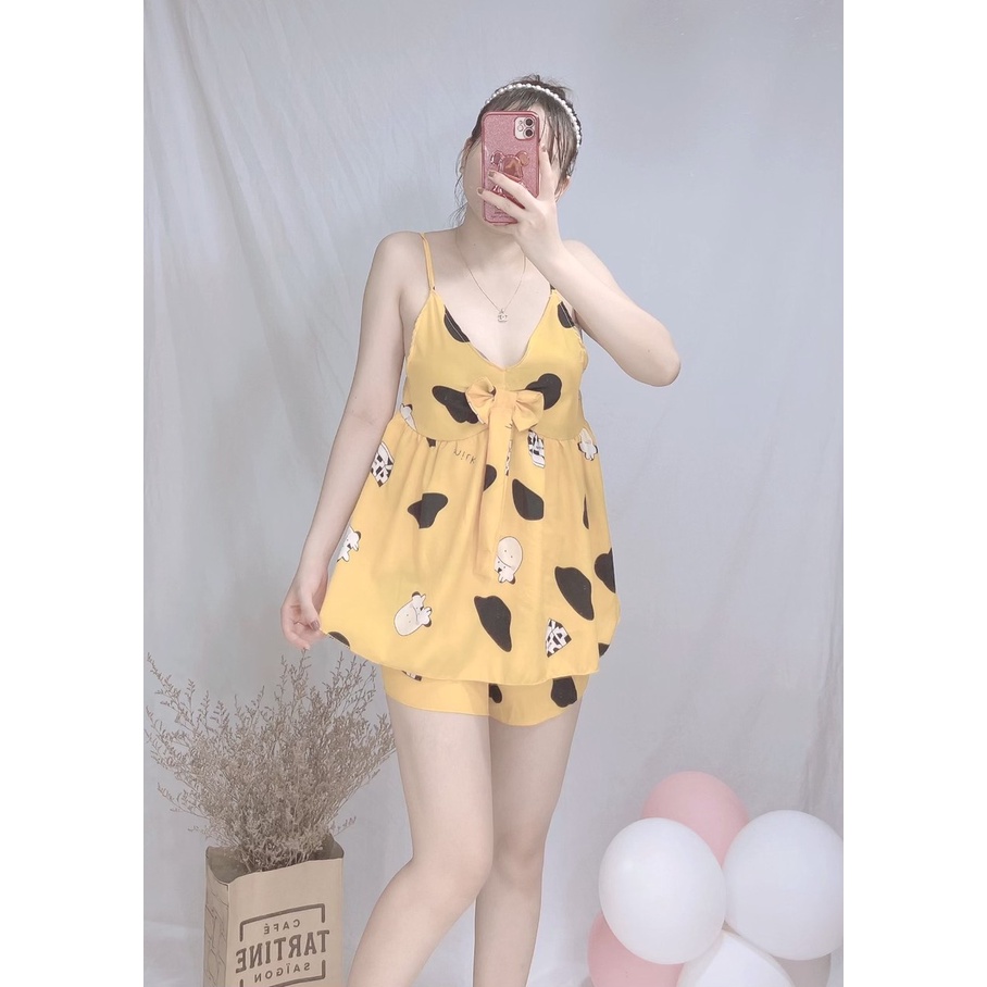 Set đồ ngủ đùi 2 dây mẫu nơ chất liệu lụa hàn mềm mại , thoáng mát freesize dưới 58kg tùy theo chiều cao