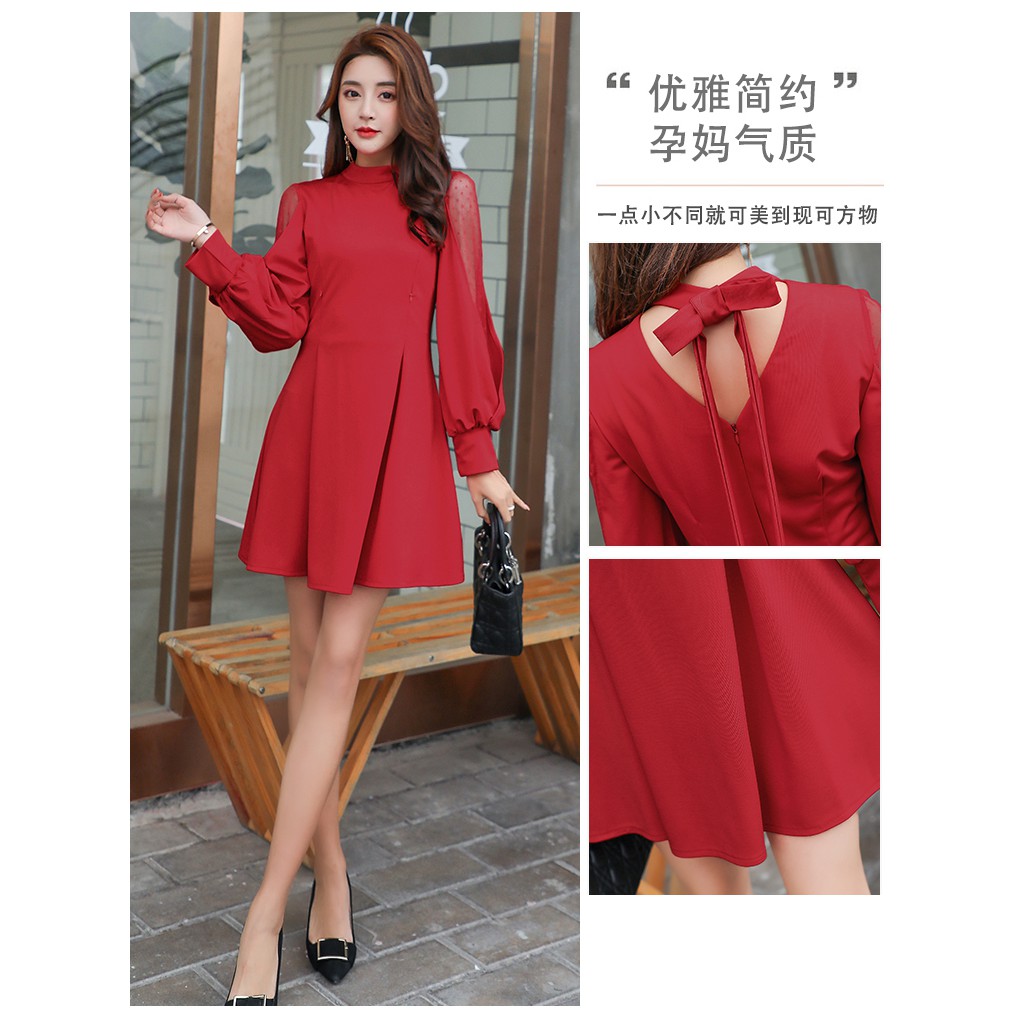Đầm béo/ Váy béo size 2XL - Váy đỏ tay xẻ, voan chấm bi, cổ thắt nơ lưng