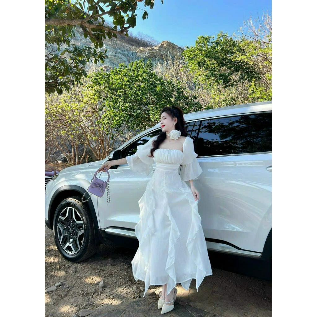 Đầm maxi thời trang nữ mặc đi du lịch Hè chất voan tơ cao cấp có mút trễ vai tay bèo có vòng cổ đính hoa