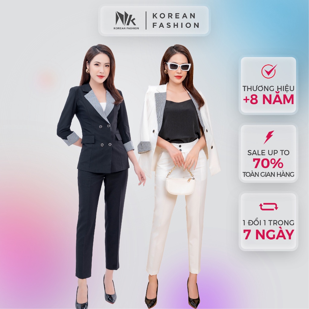 Bộ Vest Nữ Công Sở NK Fashion Thiết Kế Tay Lỡ Phối Kẻ Quần Tây Ống Đứng Chất Vải Nhập Hàn NKFBD2108005