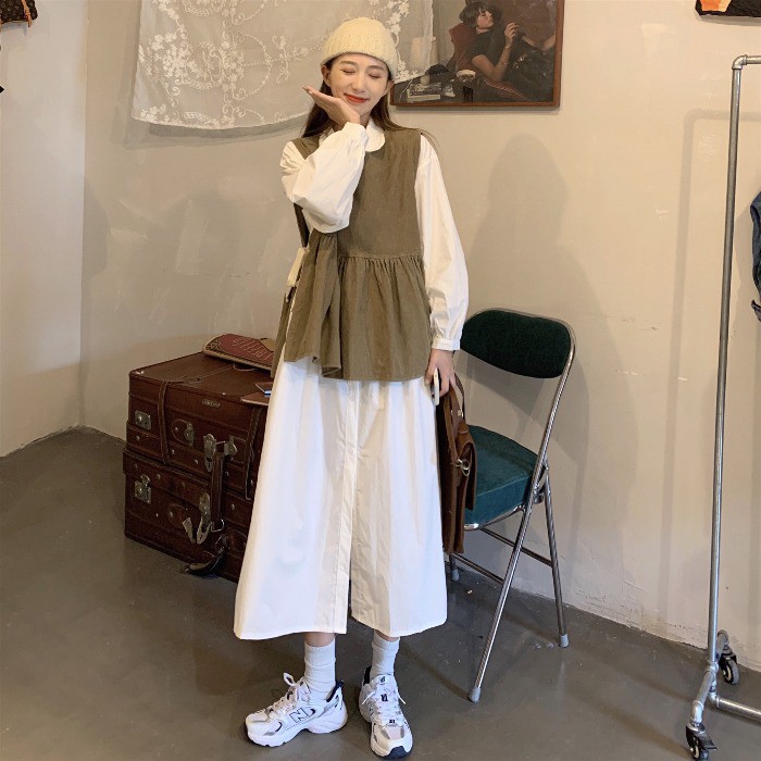 Set Đầm Sơ Mi Dài Tay + Áo Khoác Ghi Lê Thời Trang Theo Phong Cách Hàn Quốc