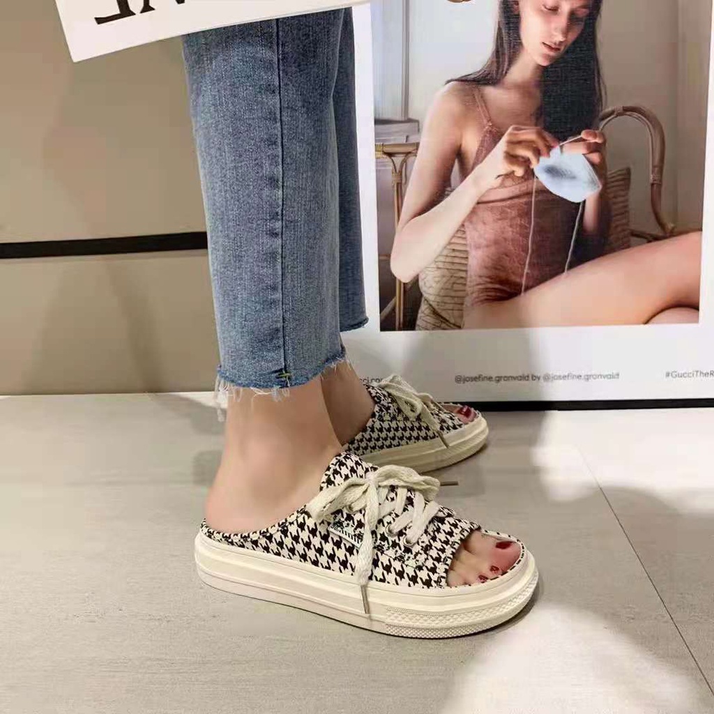 ♧Open-toed slippers for women s outer wear, old canvas shoes, lace-up, breathable casual flat-soled cloth shoes, houndstooth, new summer 2021dép lê nữdép lê bé traidép lê quai ngangDép lê