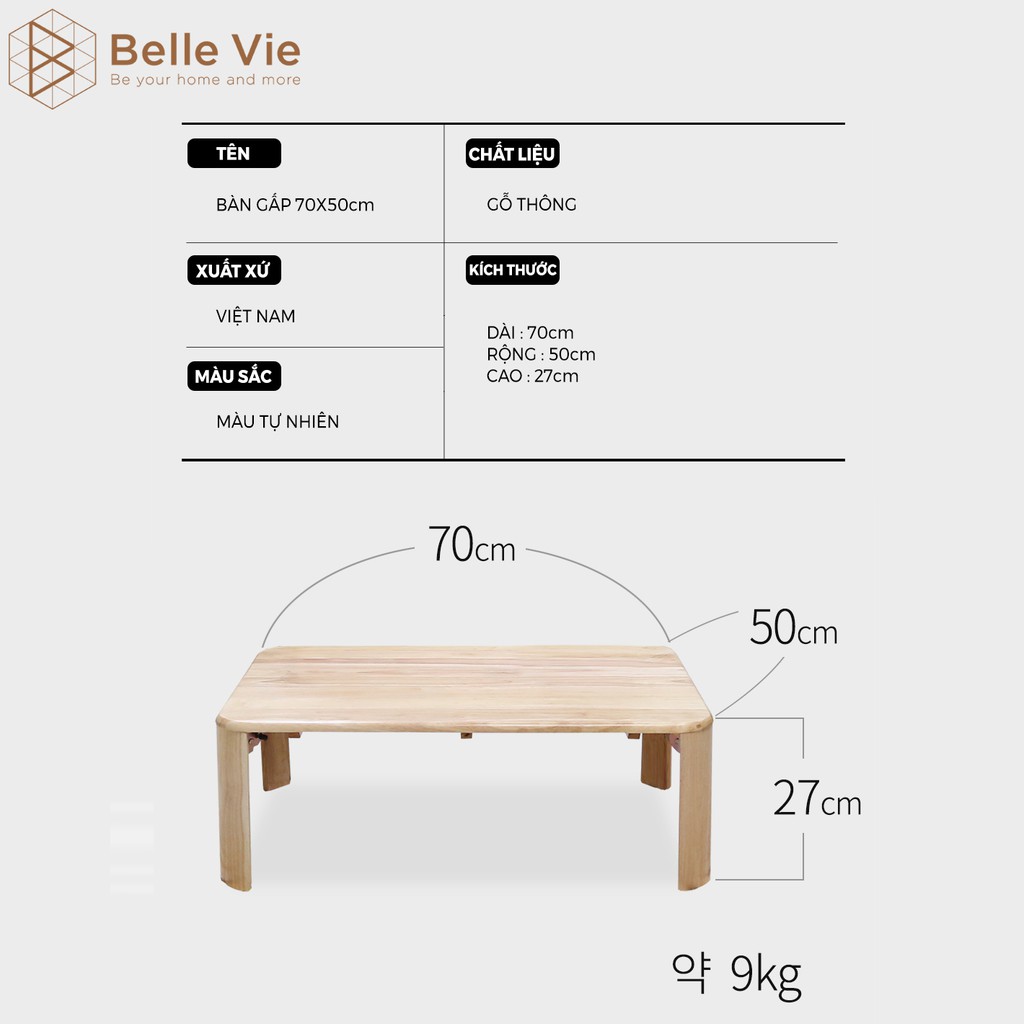 Bàn Trà Sofa/Cafe Chân Gấp BELLEVIE Bàn Làm Việc Gỗ Tự Nhiên Gấp Gọn Size 50 x 70