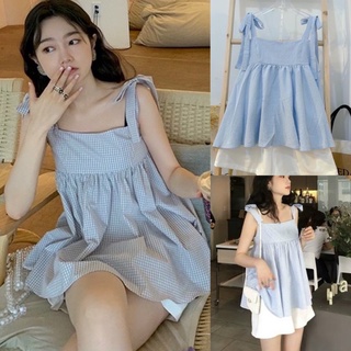 Bộ quần áo nữ set style Hàn Quốc SUTANO,Set áo babydoll hai dây thắt nơ kẻ xanh và quần short trắng cực xinh B405