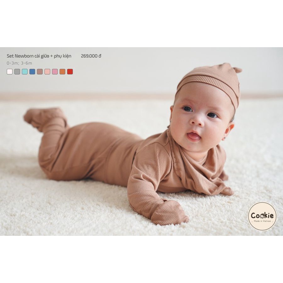 Set mũ bao chân bao tay yếm sơ sinh Cookie chất vải cotton thun tăm lạnh điều hòa 4 mùa size 0 6 tháng tuổi