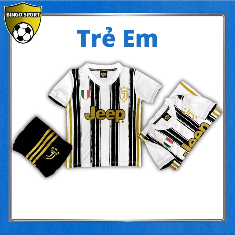 Bộ Quần Áo Bóng Đá, Đá Banh TRẺ EM CLB JUVENTUS Sân Nhà 20/21 Sọc Trắng Đen Thun Lạnh Rẻ Đẹp BINGO SPORT JVT01TE