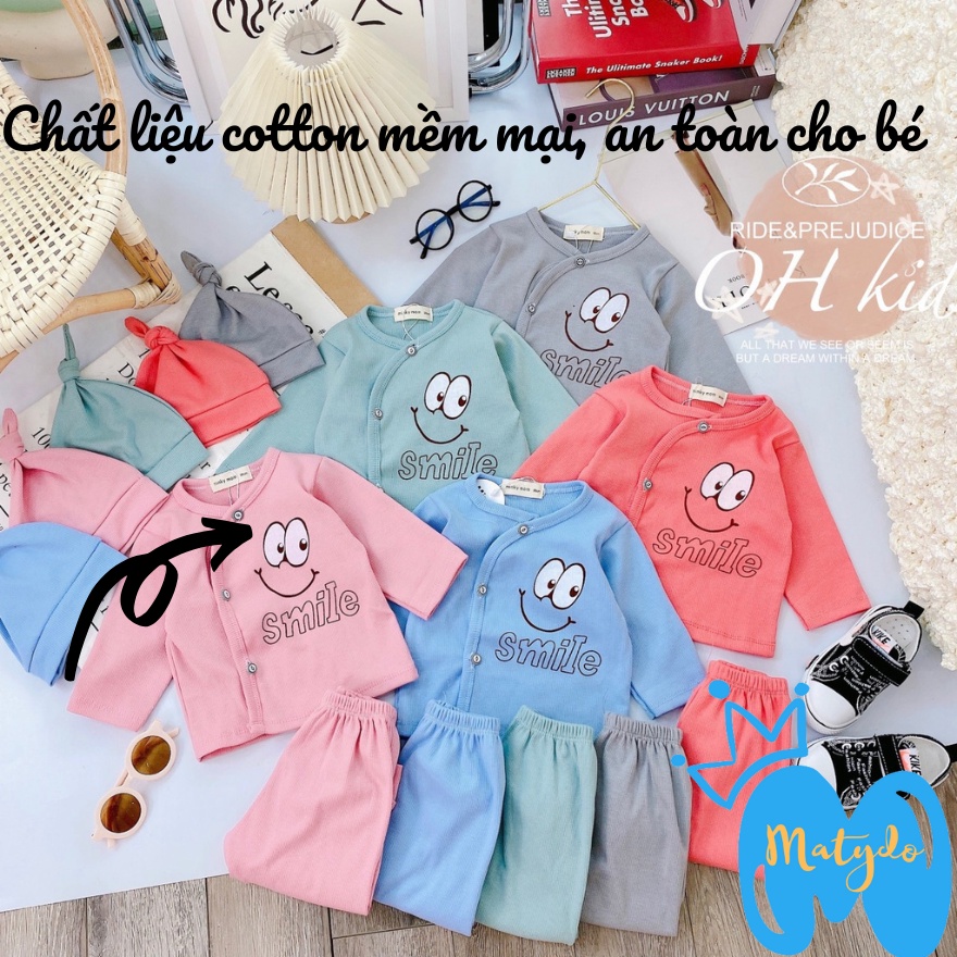 Quần áo thun gân mềm mại đồ bộ áo quần dài tay cho bé trai bé gái nằm điều hòa tặng kèm mũ củ tỏi SMILE
