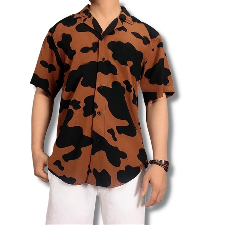 Áo sơ mi nam nữ unisex họa tiết bò sữa ngắn tay cổ bẻ 20UP form rộng 50-85kg 100% lụa cao cấp nhẹ thoáng mát không nhăn | BigBuy360 - bigbuy360.vn