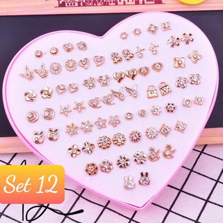 Bông tay ,Set 36 đôi hoa tai Hàn Quốc nhiều kiểu dáng đáng yêu cho nữ hộp trái tim màu hồng