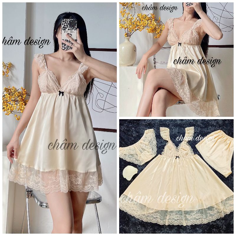 Váy ngủ lụa satin màu kem vàng tay ren gắn nơ đen nhỏ nổi bật, hàng thiết kế độc quyền tại shop