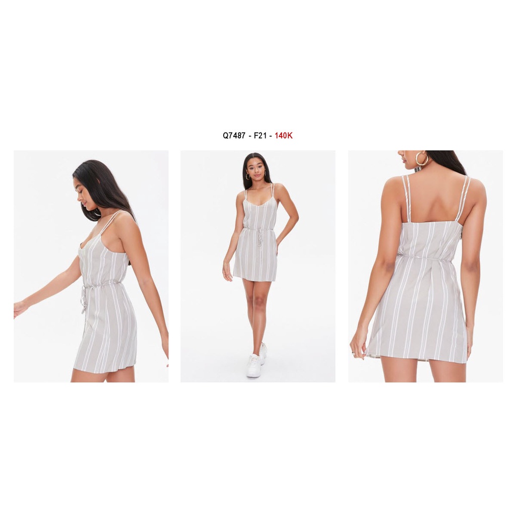 Q7487 - Đầm F21 2 dây, cột nơ, phối sọc dọc