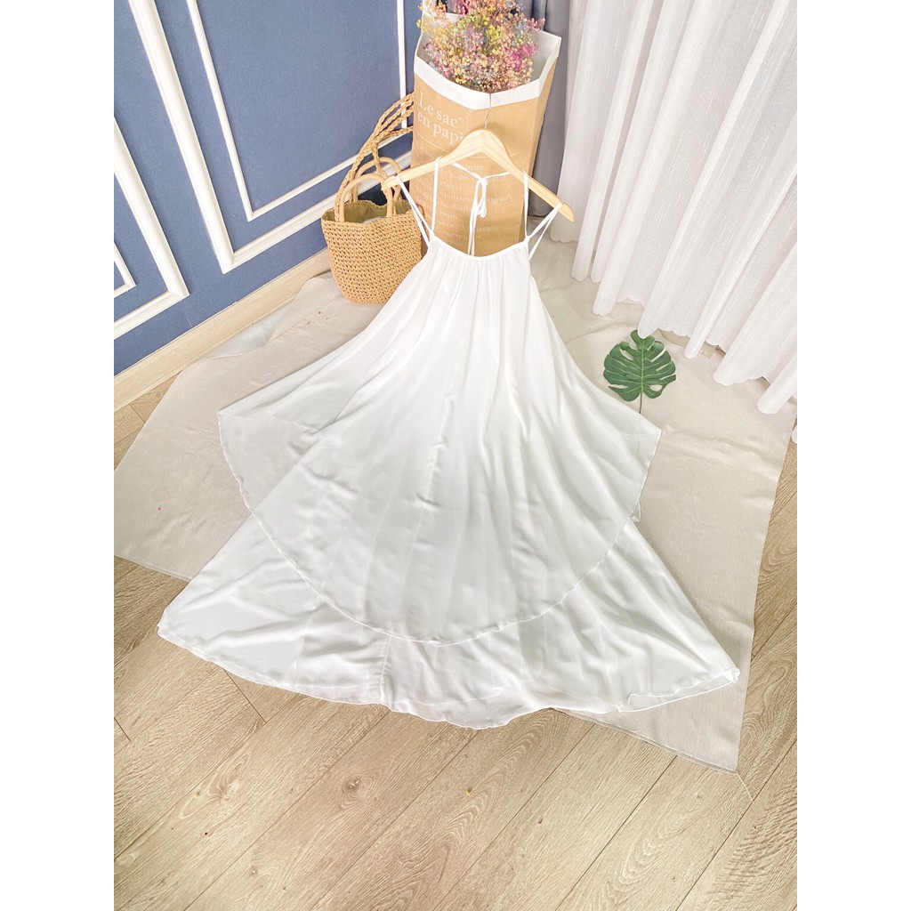 Đầm maxi đi biển hở lưng 2 dây xòe tầng xinh đẹp sang chảnh