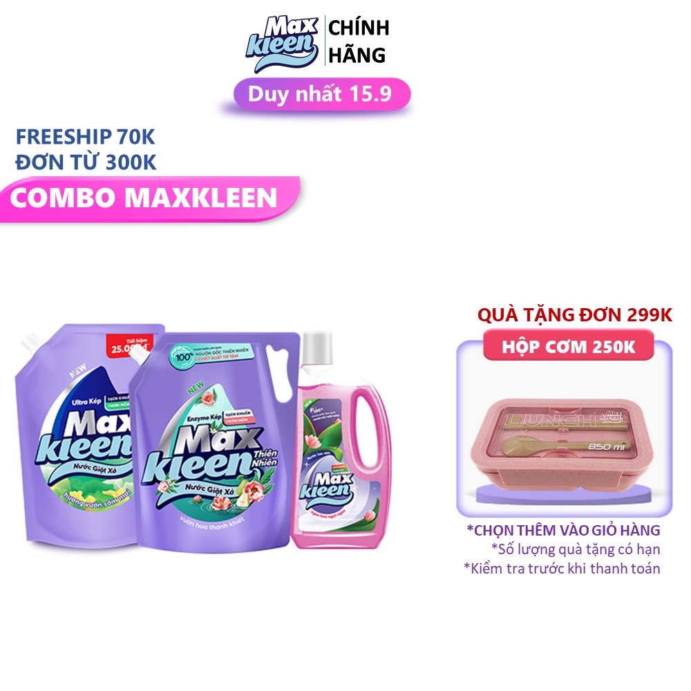 Nhà Bao việc có MaxKleen bao tuyệt: 1 Túi Garden 2.4kg + 1 Túi Natural 2.2kg + 1 Chai lau sàn 1kg Ngàn hoa ngọt ngào