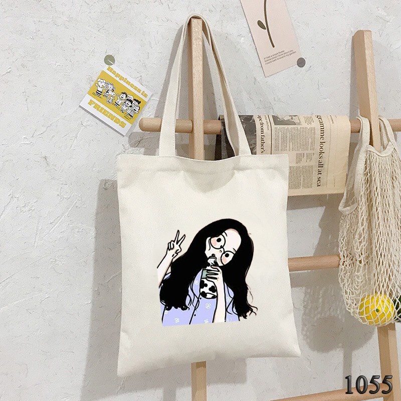 TÚI TOTE TRẮNG CHẤT VẢI CANVAS 1055 CÔ BÉ TRÀ SỮA DỄ THƯƠNG HÀNG CHUẨN ĐẸP