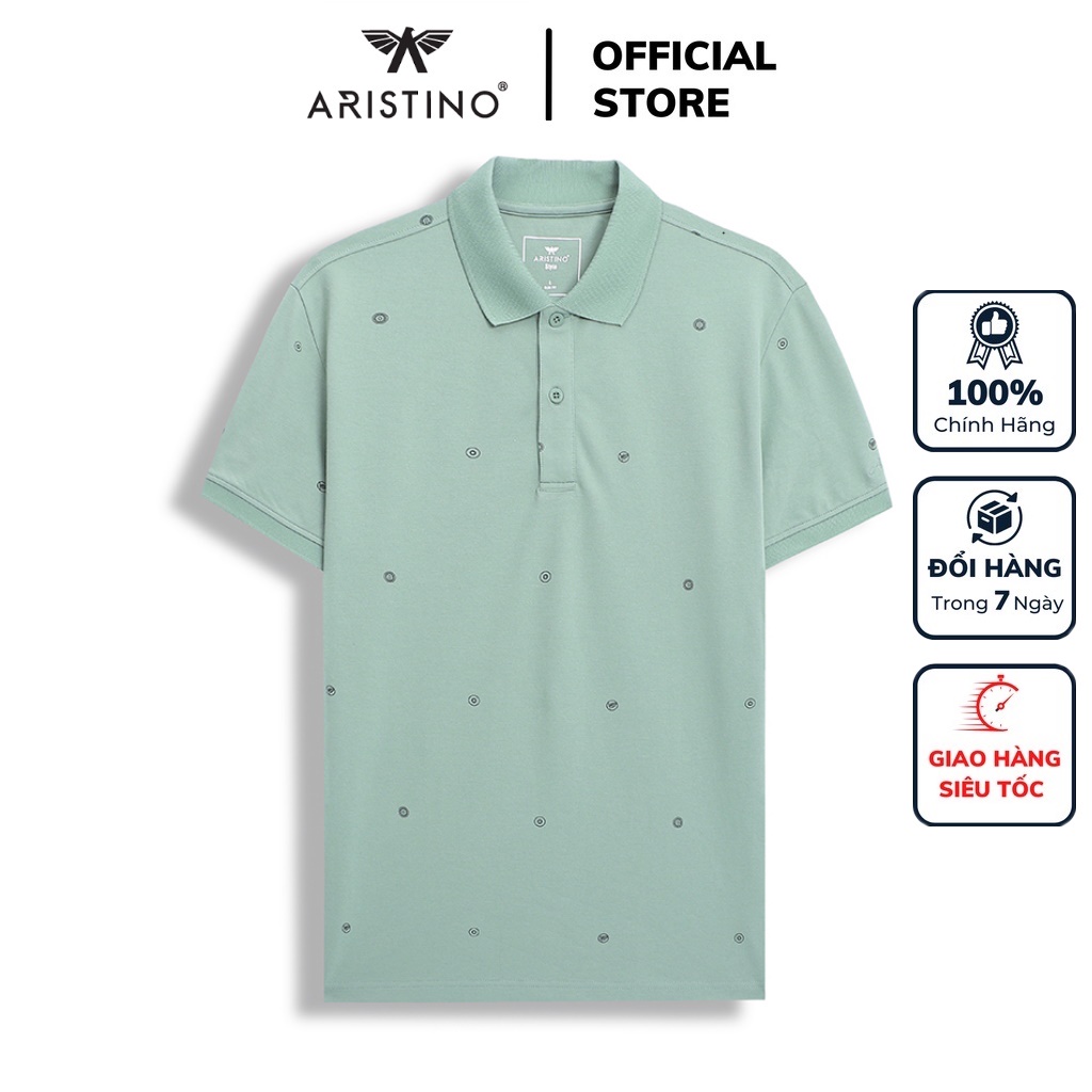 Áo thun polo nam Aristino APS030S2 phông ngắn tay cổ bẻ dáng slim fit ôm nhẹ màu xanh rêu in họa tiết vải cotton cao cấp