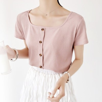 Xiaozhainv Áo thun nữ tay ngắn màu trơn đáng yêu