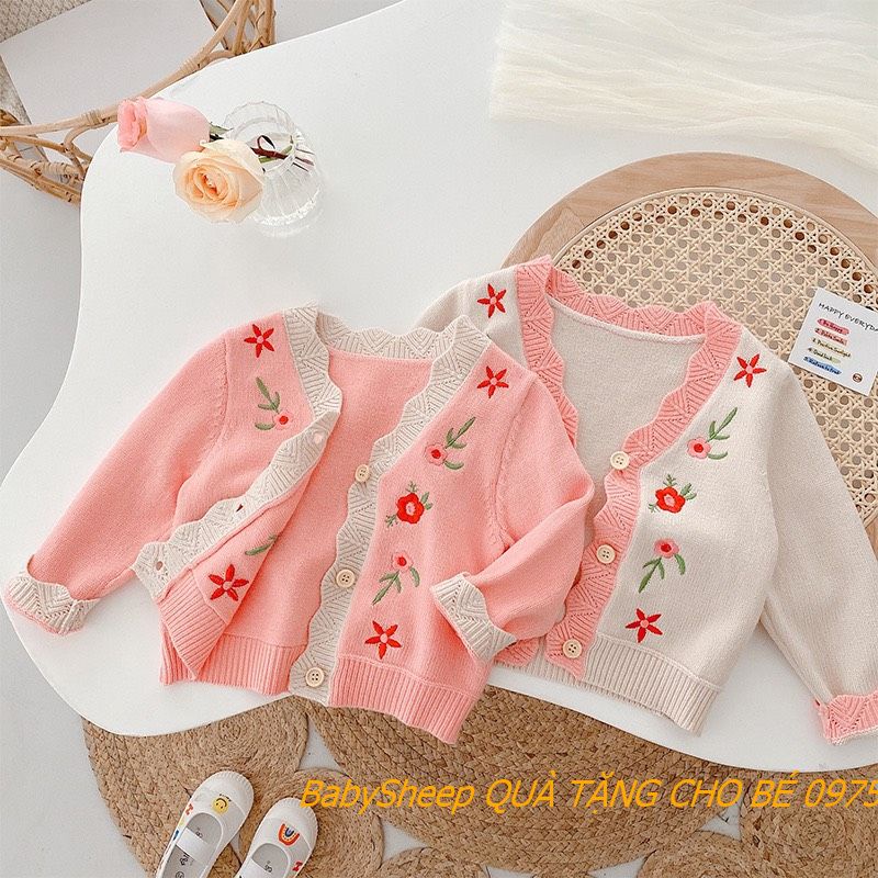 Áo khoác và gile len thêu hoa màu trắng và hồng cho bé gái từ 0-4 tuổi