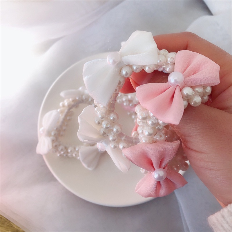 Dây buộc tóc Haimeikang co giãn đính nơ phối hạt ngọc trai nhân tạo thời trang sang trọng