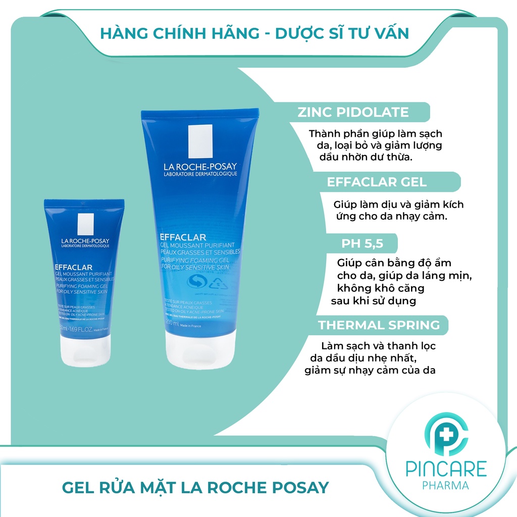 Gel rửa mặt La Roche Posay Effaclar 50ml &amp; 200ml &amp; 400ml cho da dầu mụn - Hãng chính hãng - Nhà thuốc PinCare