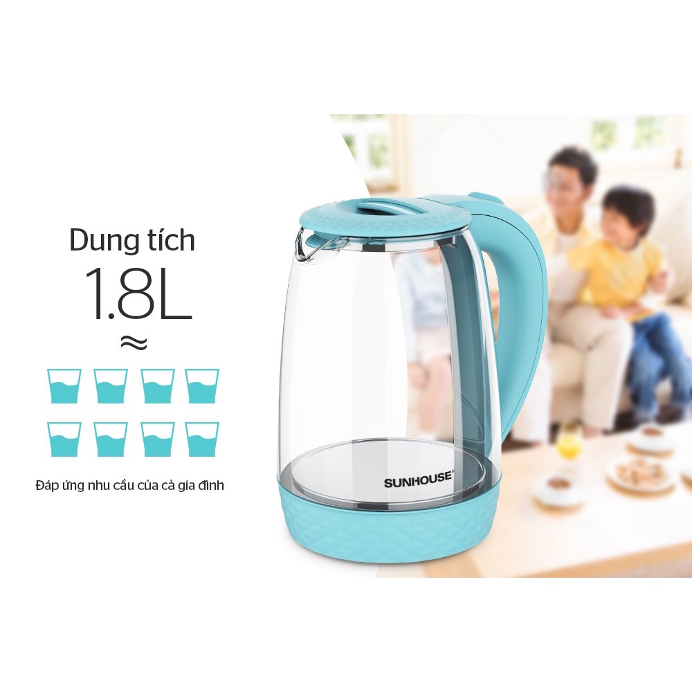 ẤM SIÊU TỐC THỦY TINH SUNHOUSE 1.8 L - > SHD1215 <  BẢO HÀNH CHÍNH HÃNG 12 THÁNG