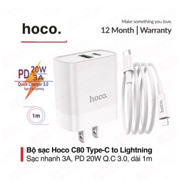 Bộ Củ Sạc Hoco C80 + Cáp Sạc Type C to Lighning - Hỗ trợ sạc nhanh QC3.0