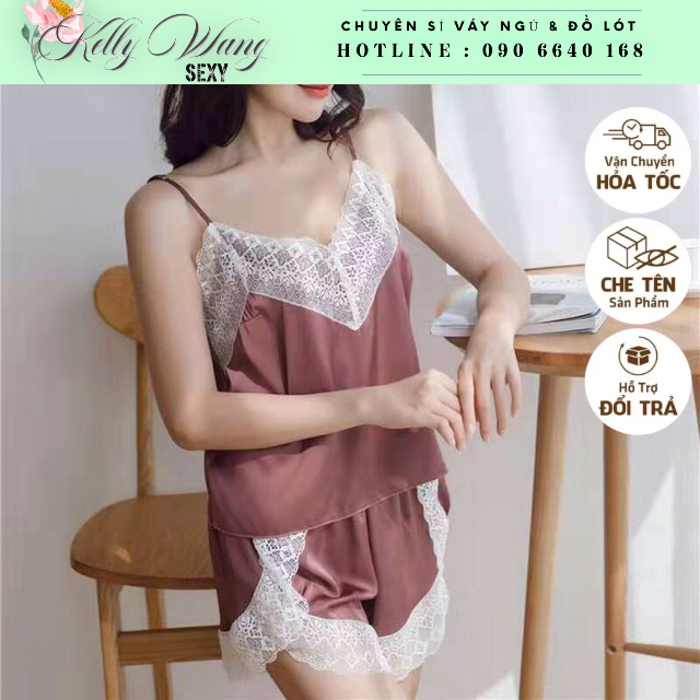SX251 - Bộ ngủ lụa satin Phối ren KELLY WANG