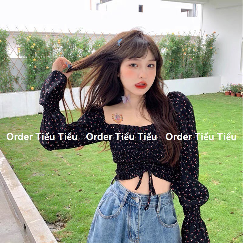 Áo croptop voan trễ vai ulzzang rúm ngực hoa nhí siêu xinh