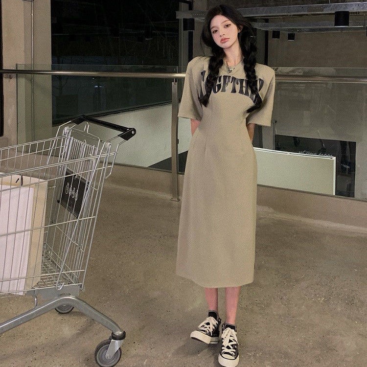 Jiashucheng Đầm Sweatshirt Dáng Chữ A Chiết Eo Mỏng In Chữ Phong Cách Hồng Kông Phương Tây Hợp Mùa Hè