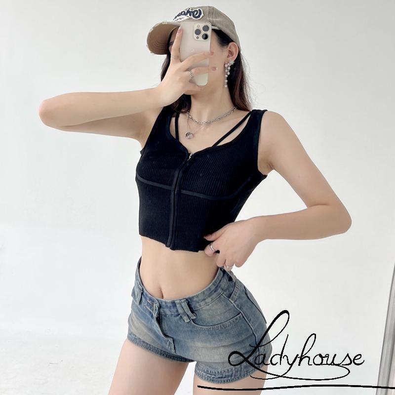 Áo Crop Top Hai Dây Khóa Kéo Trước Màu Trắng / Đen Thời Trang Mùa Hè Cho Nữ