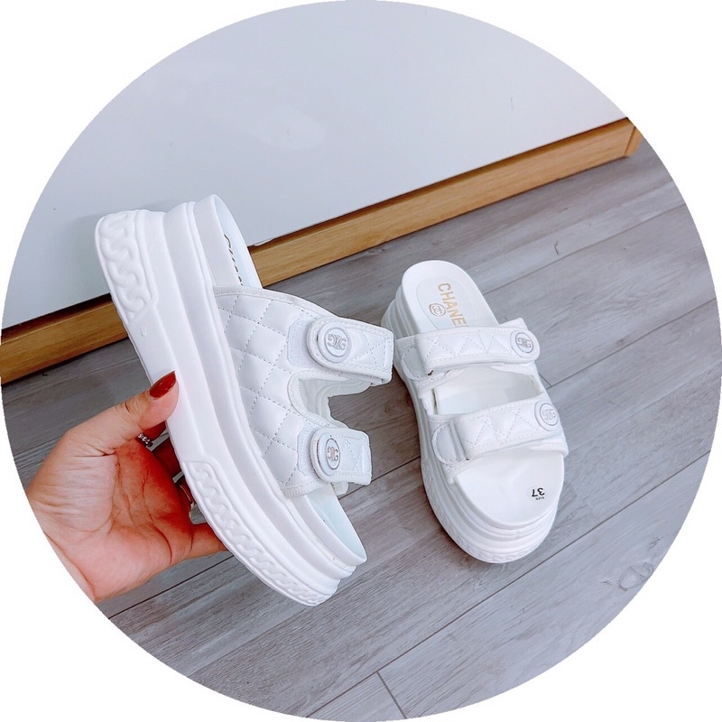 Dép bánh mỳ độn đế 6cm hai quai ngang chần chỉ XX hàng QC